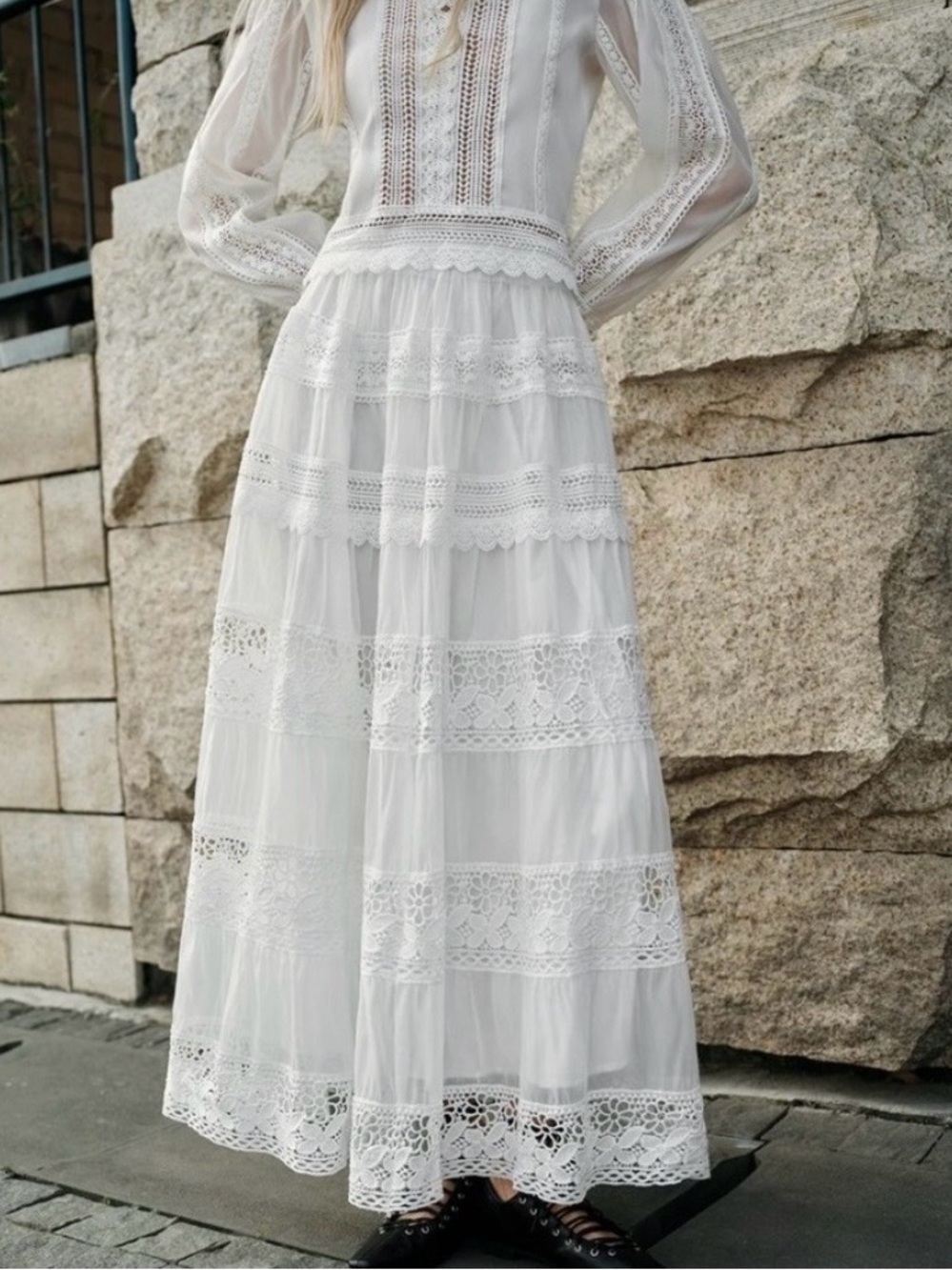 Commense White Crochet Lace Maxi set Long Sleeves - Picture 2 of 9
